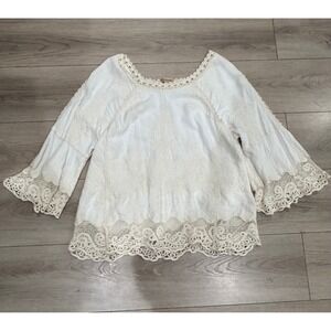 Democracy White Boho Crochet Lace Embroidered Bell Sleeve Blouse Top Large